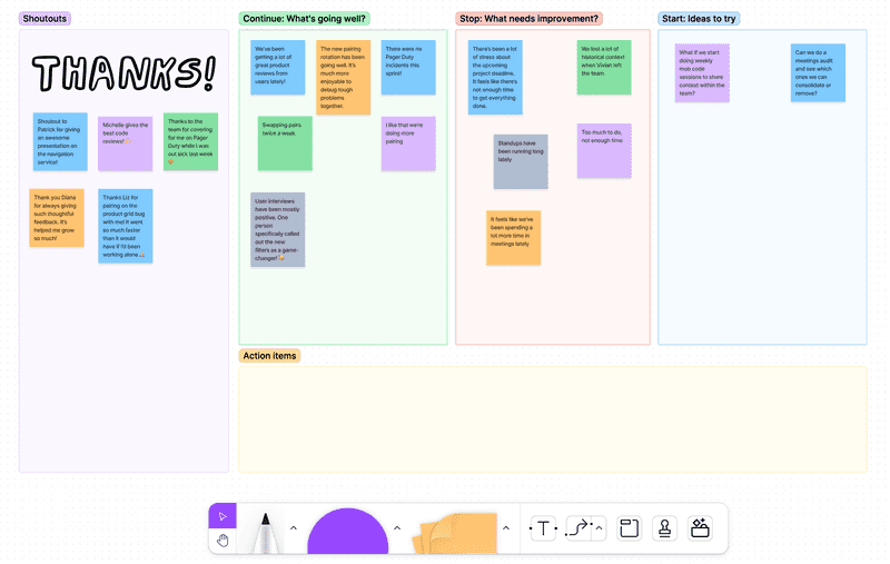 A screenshot of the same FigJam retro board, but filled with colorful sticky notes in all the sections except Action Items. Some example notes: "I like that we're doing more pairing," "It feels like we've been spending a lot more time in meetings lately," "What if we start doing weekly mob code sessions to share context within the team?"